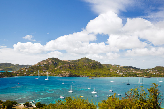 Yachts anchored in prtected English Harbour, Antigua, Eastern Caribbean.