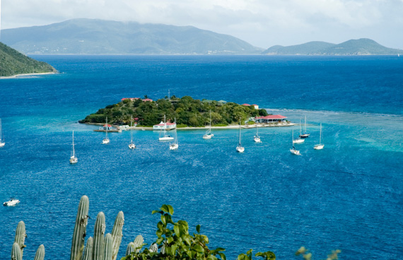 Marina Cay surrounded by yachts in the British Virgin Islands (BVI), Caribbean.