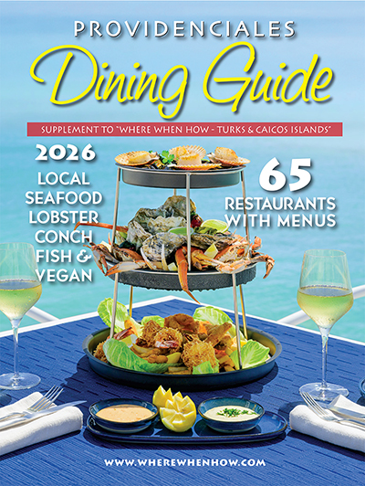 An image of the cover of the Providenciales Dining Guide 2026 magazine.